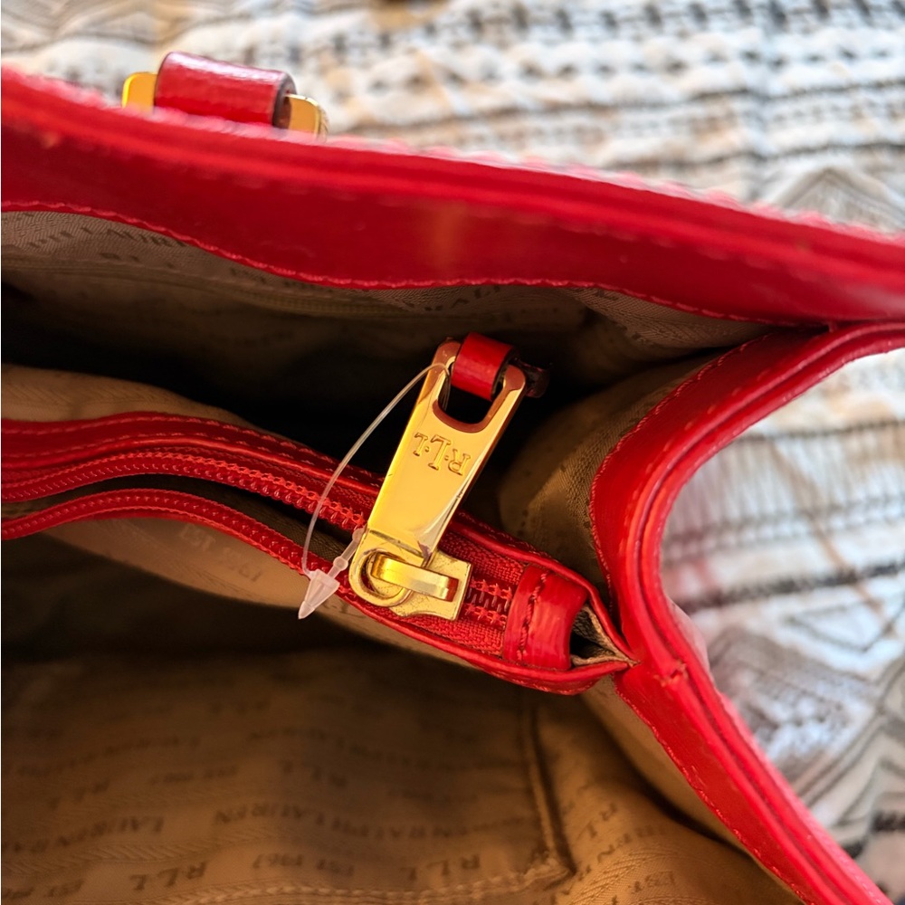 Red Lauren Ralph Lauren leather Women's structured Tote Bag gorgeous - Picture 10 of 11